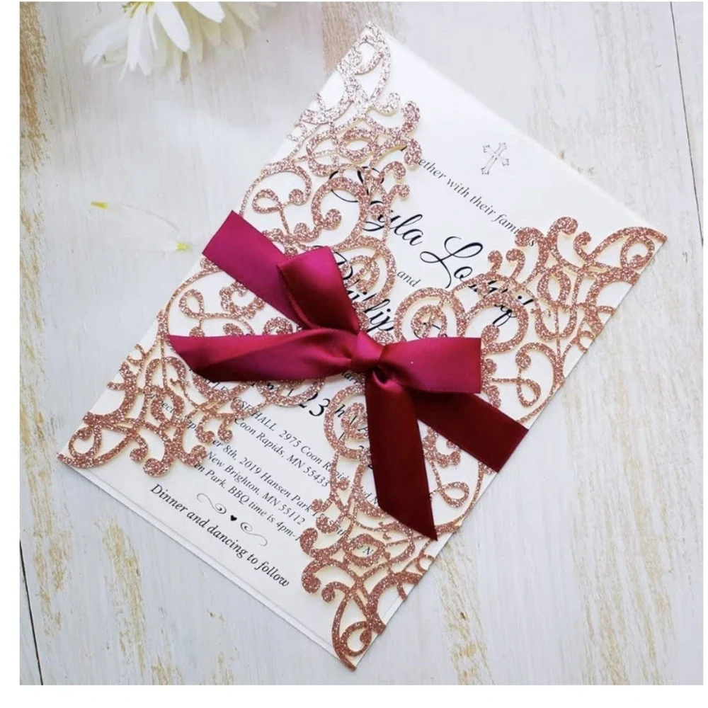 20x Laser Cut Lace Flora Wedding Invitation Cards with Ribbon Bow and Envelop...